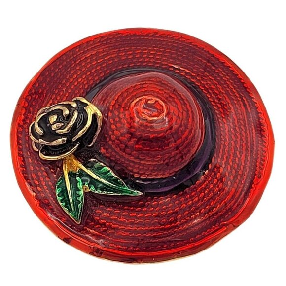 Unbranded Jewelry - Vintage Red Enamel Hat Brooch Pin With Black Band & Rose Design Cast Metal 1.75"